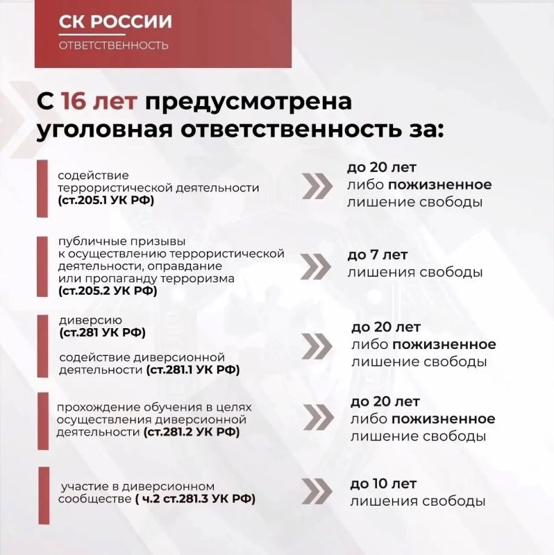Следственное управление СК России по Республике Ингушетия призывает граждан к бдительности и напоминает об уголовной ответственности за совершение преступлений против основ конституционного строя и безопасности государства... Следственное управление СК России по Республике Ингушетия призывает граждан к бдительности и напоминает об уголовной ответственности за совершение преступлений против основ конституционного строя и безопасности государства...